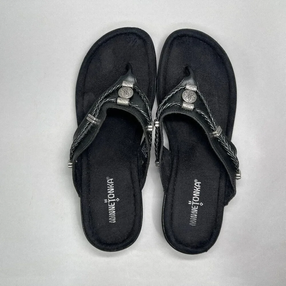 Minnetonka Black Women's Leather Flip‎ Flops Size 10